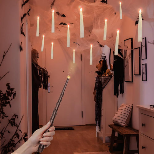 10 Magic Floating LED Candles with Wand Remote – Hanging Halloween Lights & Spooky Party Décor