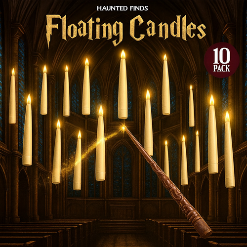 10 Magic Floating LED Candles with Wand Remote – Hanging Halloween Lights & Spooky Party Décor